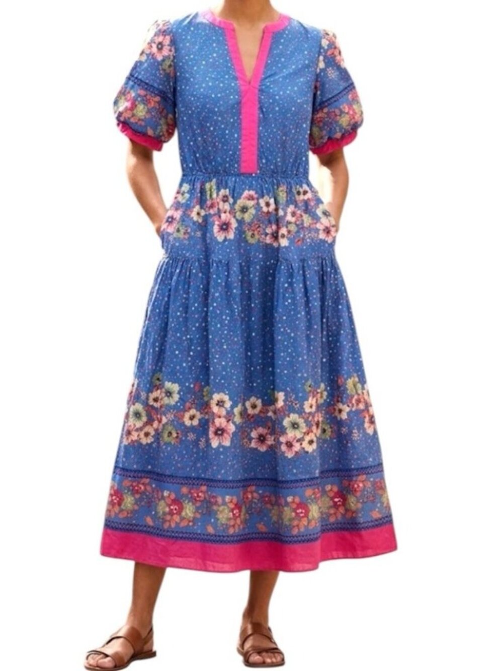 Easel Blue Floral Tiered V Neck Cottagecore Boho Resort Maxi Dress Size Medium